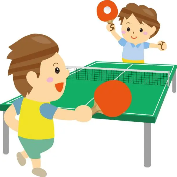 Vector illustration of Smiling people enjoying table tennis on a table tennis table / illustration material (vector illustration)
