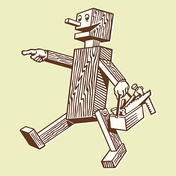 Wooden Robot Carrying a Toolbox