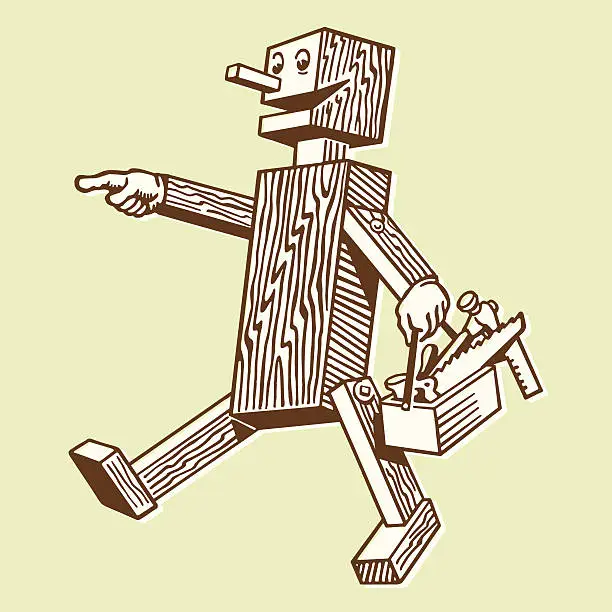 Vector illustration of Wooden Robot Carrying a Toolbox