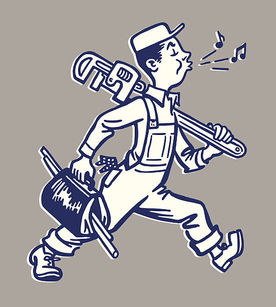 ilustrações, clipart, desenhos animados e ícones de whistling encanador caminhada de trabalho - plumber