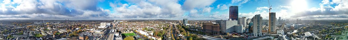 High Angle Ultra Wide Panoramic View of Central West Croydon London City of England United Kingdom. The Footage Was Captured with Drone's Camera on Mostly Cloudy Day of November 20th, 2023