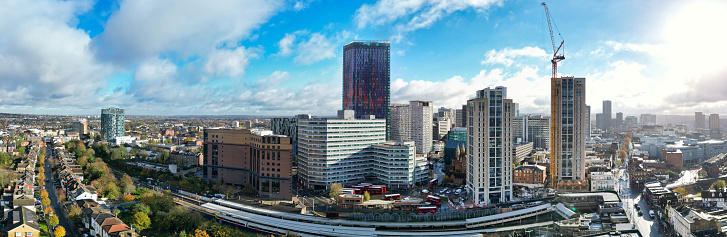 High Angle Ultra Wide Panoramic View of Central West Croydon London City of England United Kingdom. The Footage Was Captured with Drone's Camera on Mostly Cloudy Day of November 20th, 2023