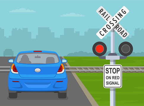 Close-up of a stop on red signal at railroad crossing sign and stop light. Back view of a stopped car. Flat vector illustration template.