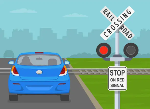 Vector illustration of Close-up of a stop on red signal at railroad crossing sign and stop light. Back view of a stopped car. Vector illustration template.