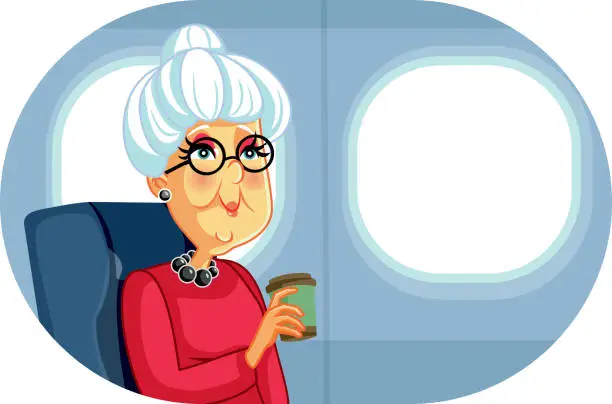 Vector illustration of Senior Woman Holding Coffee Cup Traveling by Plane Vector Illustration