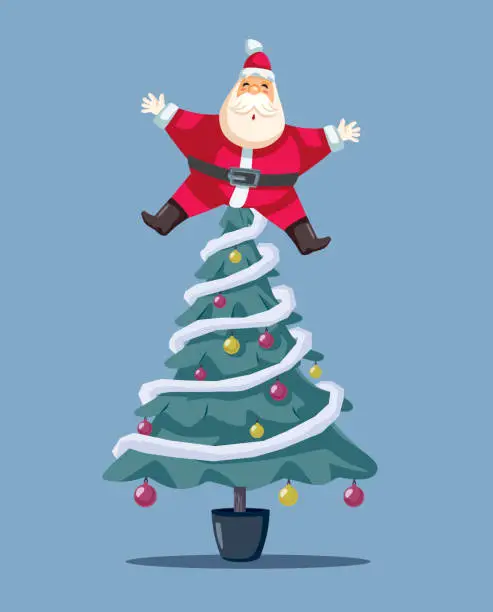 Vector illustration of Santa Claus Stuck in a Christmas Tree Top Funny Vector Cartoon Card