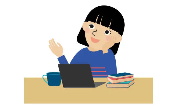 Vector illustration of A black-haired Japanese woman wearing long-sleeved clothes is thinking happily in front of her desk.