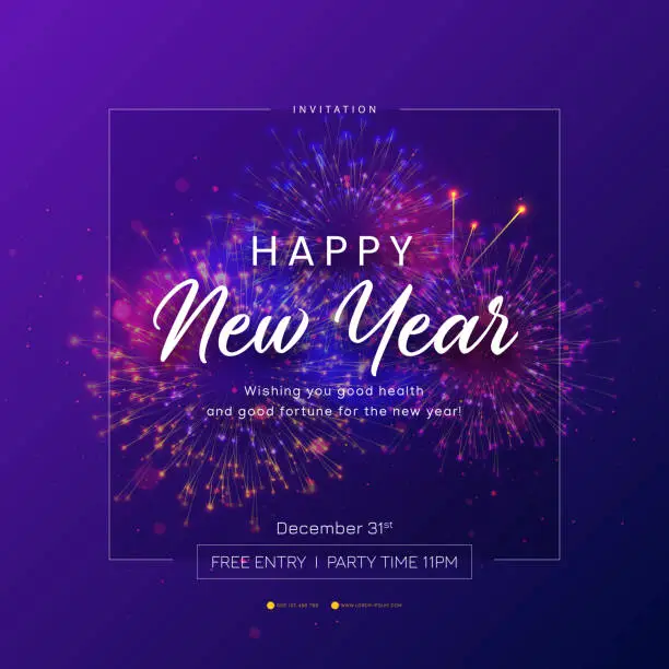 Vector illustration of Happy New Year. Lettering text with fireworks