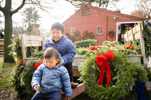 Festive Joy: Happy Boy Poses with a Christmas Wreath