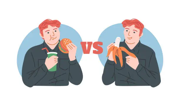Vector illustration of Man eating burger with drink vs man eating banana.