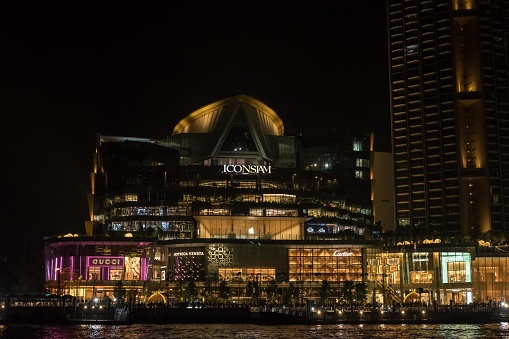 Bangkok, Thailand - 31 January 2019: Iconsiam, a mixed-use development on the banks of the Chao Phraya River in Bangkok. The latest high-end shopping mall including Apple Store and Siam Takashimaya
