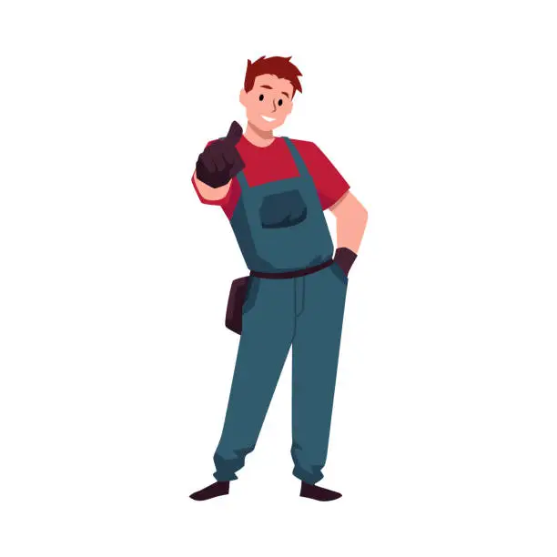 Vector illustration of Worker man in overalls pointing hand finger forward, vector person makes a gesture paying attention, indicating