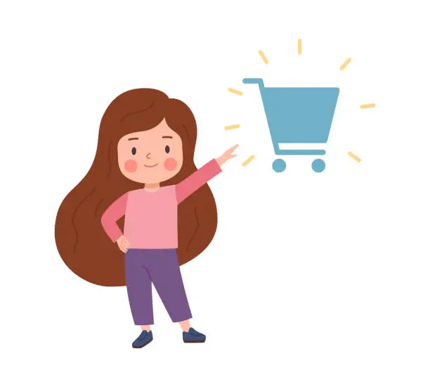 Vector illustration of Girl hand pointing forefinger on the shopping cart, vector cartoon child makes a gesture paying attention, choosing