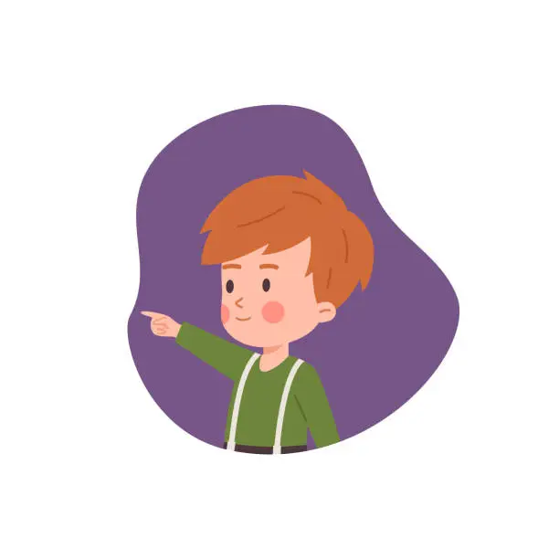 Vector illustration of Boy hand pointing forefinger on the left side, showing direction, vector cartoon child makes a gesture paying attention