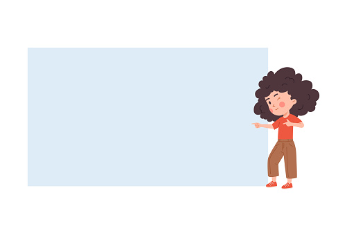 Winking little girl point fingers at empty space board. Kid show blank space with both hands gesture. Flat vector illustration template for banner, poster, card, advertising.