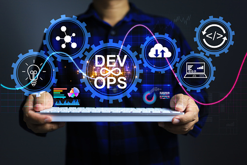 Devops concept or development operations with programer or developer as dev ops engineer working to develop application and software to enhance efficiency for better than previous version