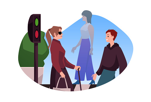 Blind woman with stick crossing street at crosswalk on the traffic light. Disabled people inclusion, blindness flat vector illustration. Visually impaired person walk on the street