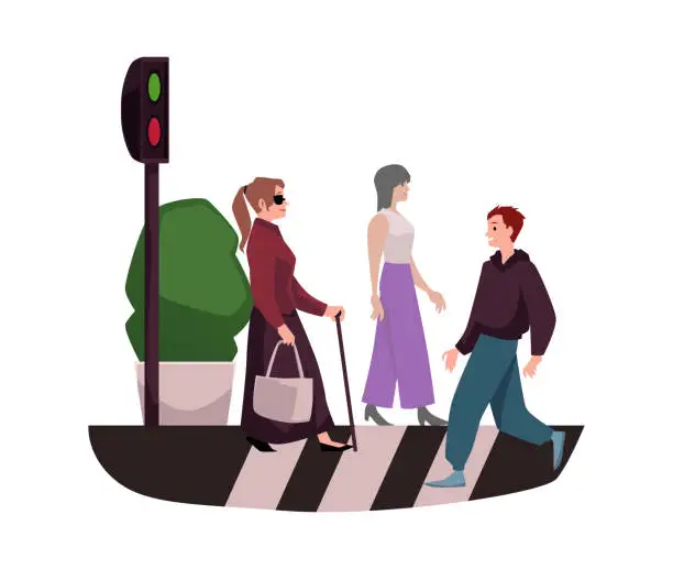 Vector illustration of Blind woman crossing the road in the city.