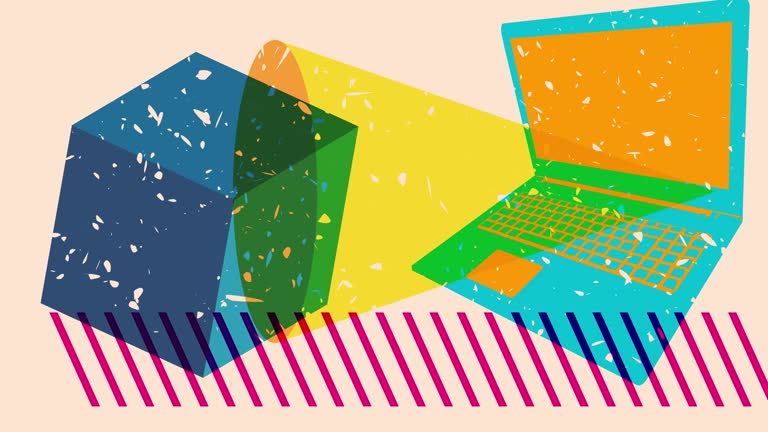 Risograph Laptop with geometric shapes animation.