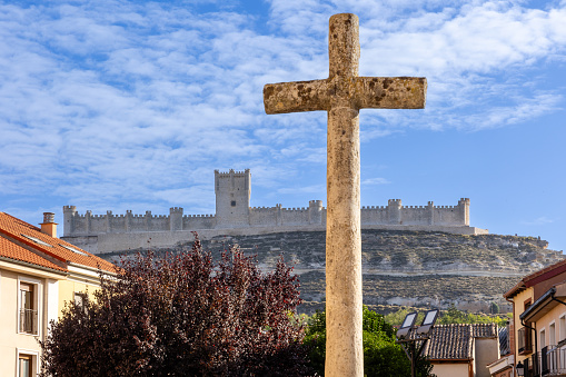 Peñafiel, Spain - October 12, 2023: details of the buildings of the historic center in the city of Peñafiel, Valladolid, Spain