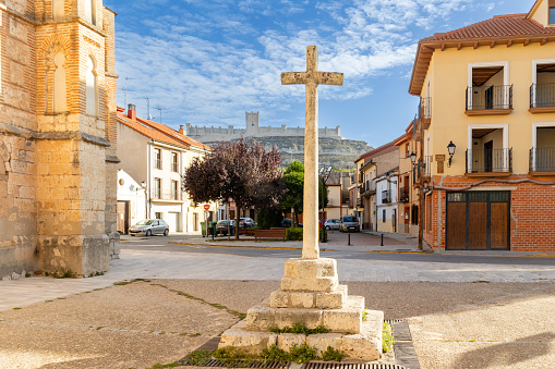 Peñafiel, Spain - October 12, 2023: details of the buildings of the historic center in the city of Peñafiel, Valladolid, Spain