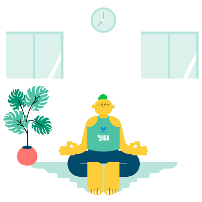 This is an illustration of a man doing yoga at home to unify his mind and relax.