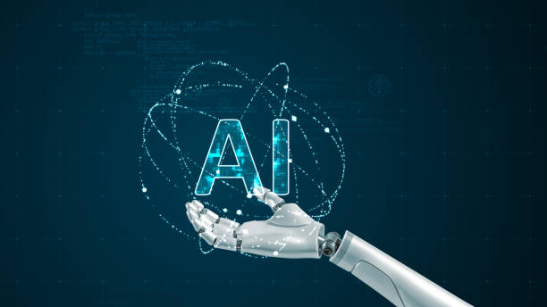 istock Robot arm and Blue digital AI logo with particle ring circle orbit rotation on futuristic abstract background AI artificial intelligence technology and machine learning concepts 1812766696