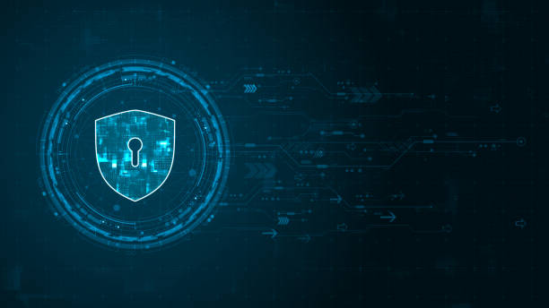 istock Blue digital security shield logo and circle futuristic HUD elements with flowing arrows with network firewall technology and data secure concepts on abstract background 1812767220