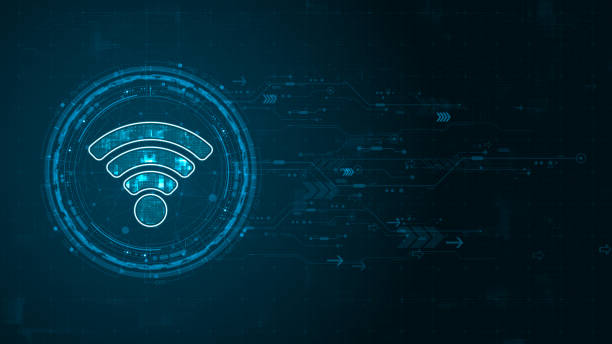 istock Blue digital WIFI logo and circle futuristic HUD elements with flowing arrows with data transfer and Wireless Fidelity connection concepts on abstract background 1812767240