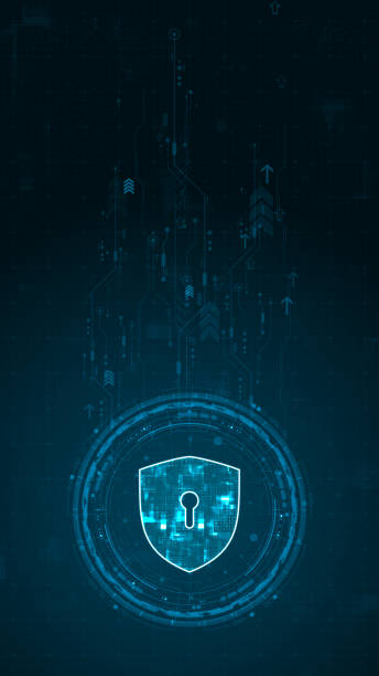 istock Blue digital security shield logo and circle futuristic HUD elements with network firewall technology and data secure concepts on abstract background vertical 1812767259