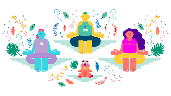 This is an illustration of a man, a woman, and a pet dog doing yoga to unify their mind and relax.