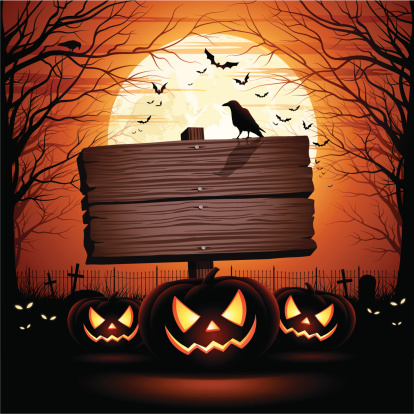 Halloween illustration with wooden sign, pumpkins, crow and bats. Space for your Halloween holiday text.