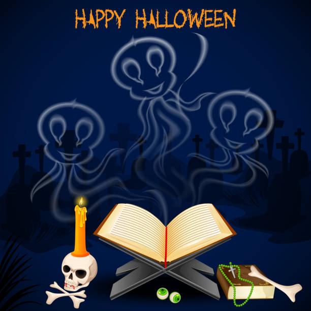 Halloween Ghost vector illustration of Halloween ghost coming out of book bewitchment stock illustrations