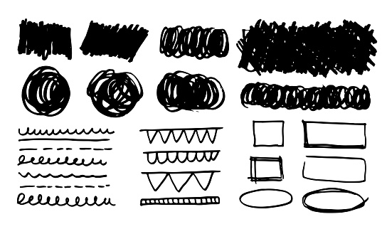 Various hand drawn arrows and shapes, black sketchy lines, curves, doodle, brush stroke style. Abstract vector set on white background.