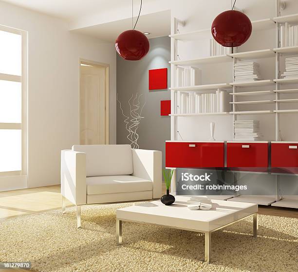 Modern Living Room Stock Photo - Download Image Now - Apartment, Book, Bookshelf