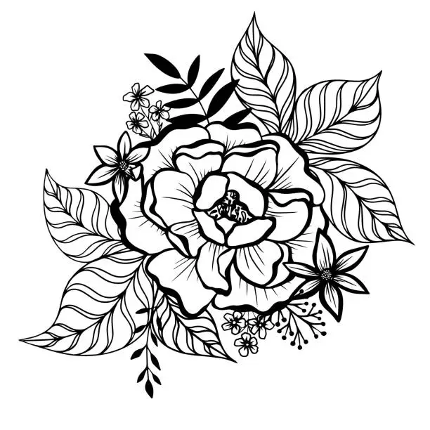 Vector illustration of Black and white composition of flowers and leaves