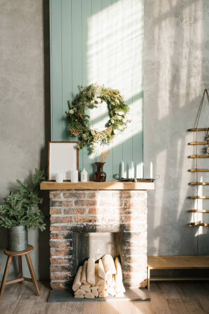 istock Modern Christmas interior with decorative brick fireplace, Scandinavian style 1812819261