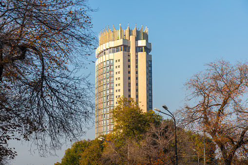 Almaty, Kazakhstan - April 28, 2023: Kazakhstan hotel in Almaty city