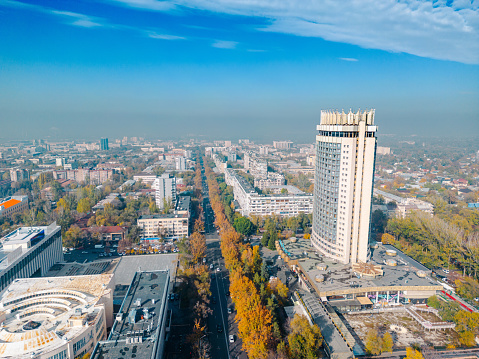 Aerial view of Almaty city streets during sunny day