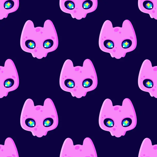 Vector illustration of Pink cat skull with glowing eyes. Halloween decorations. Neon bright colors. Cool dark cartoon seamless vector pattern background for textile, fabric, wallpaper, wrapping.