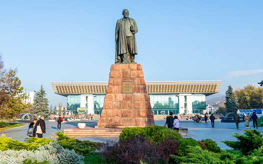 Almaty, Kazakhstan - October 28, 2023: Abai Qunanbaiuly monument in Almaty city Kazakhstan. Abai was a Kazakh poet, composer and theologian philosopher. The authors were the sculptor H.I. Nauryzbaev, and architect I.I. Belotserkovsky. The monument was opened in March 14, 2008