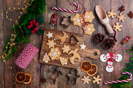 Homemade Christmas cookies on wooden table