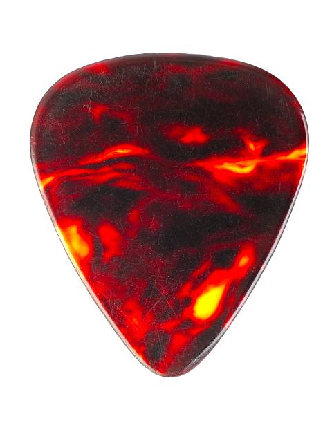 Orange and red guitar pick on a white background