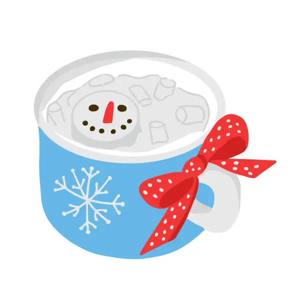 Vector illustration of Christmas hot drink with whipped cream and snowman