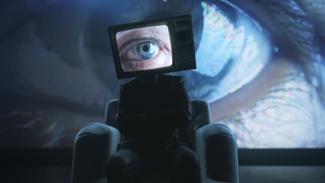 Surreal man with tv head. Blinking eye on television screen. Media manipulation, fake news symbol. Lying propaganda, Government watching us, total invigilation concept. Mind control. Television head.