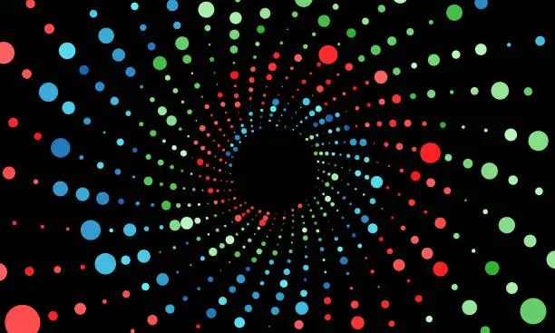 Vector illustration of Red, blue and green dots in spiral over black background. Abstract halftone dots background.