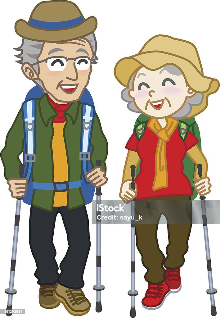 Senior par usando vestidos para escalar, aislado - arte vectorial de Excursionismo libre de derechos