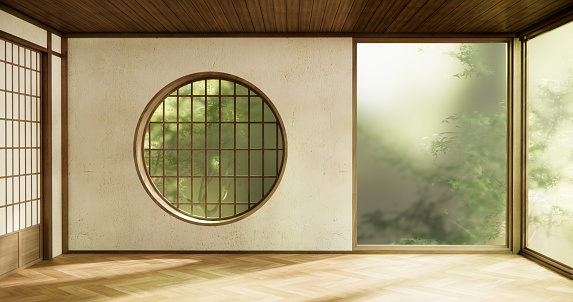 Circle window japan style on Empty room minimalist room interior