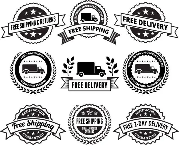Vector illustration of Free Delivery Black and White Badge Set