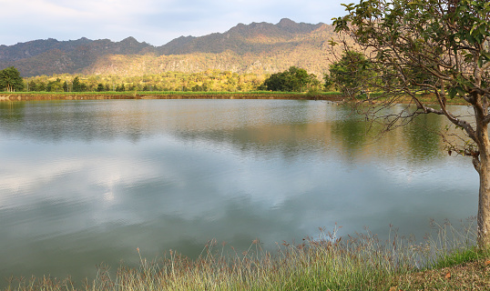 Freshwater lake with mountains reflection on surface water.